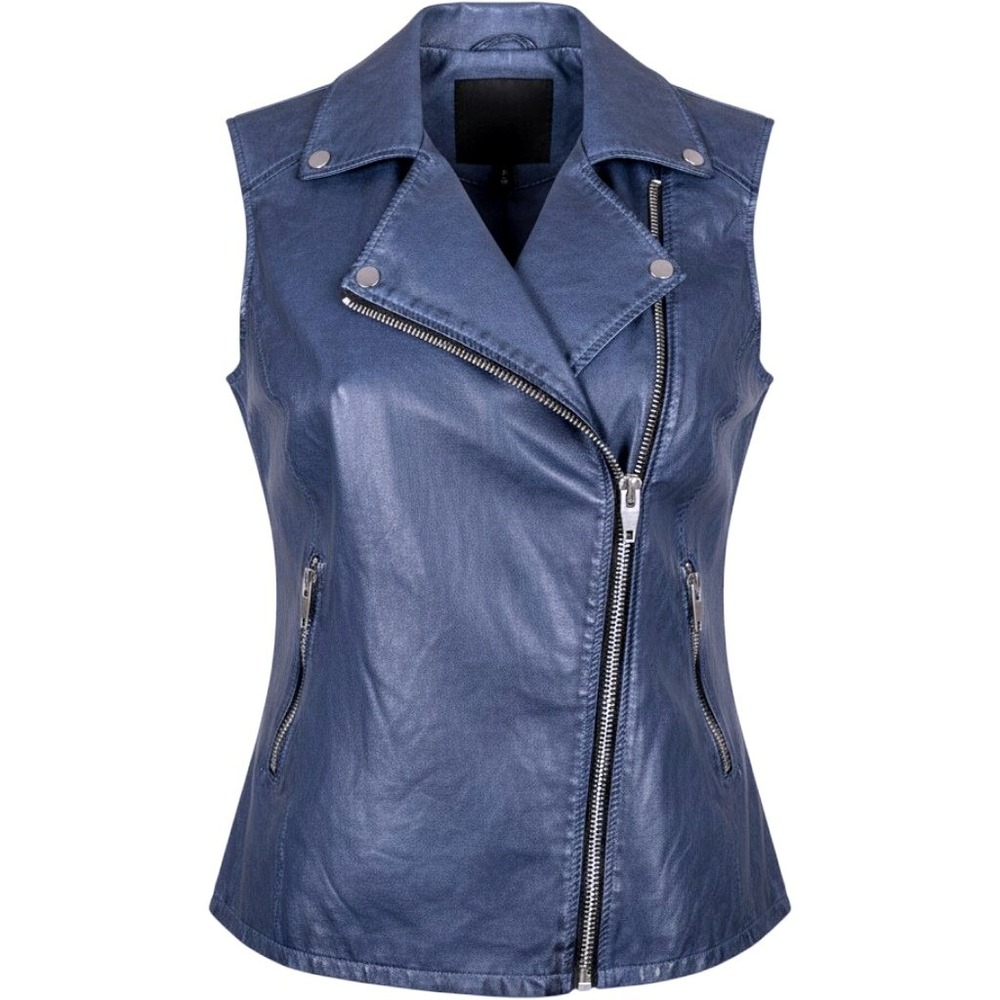 V Cristina Womens Blue Faux Leather Moto Vest Asymmetrical Zip Metallic XL